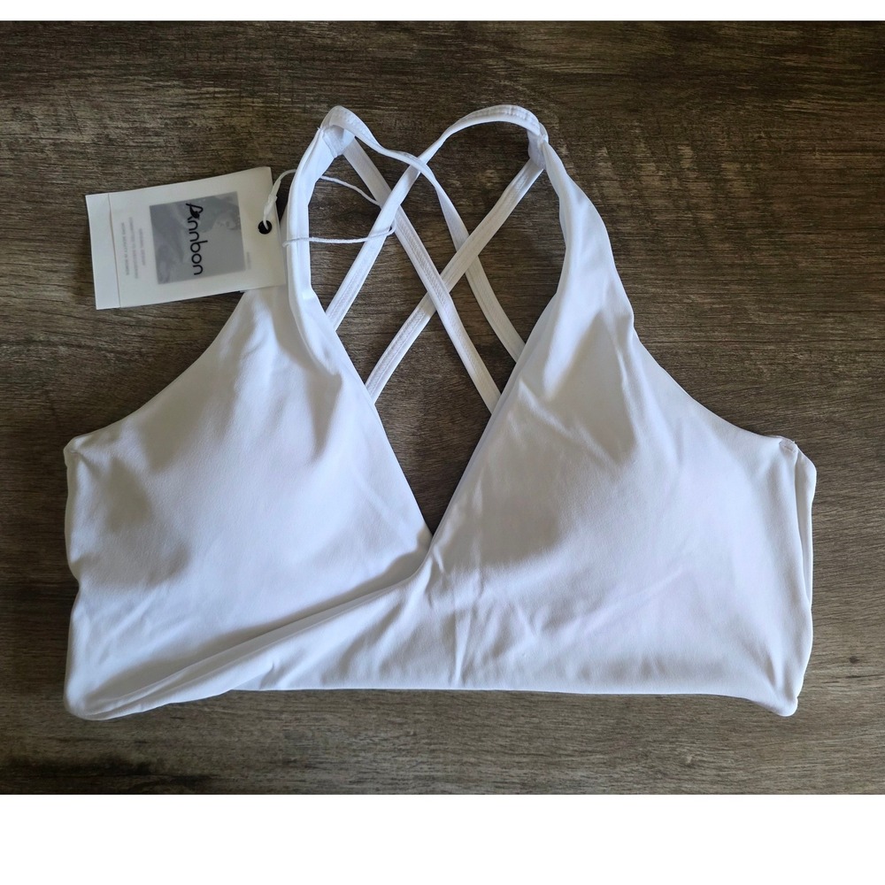 Annbon White Crossover Front Strappy Criss Cross Back Sports Bra Size L NWT